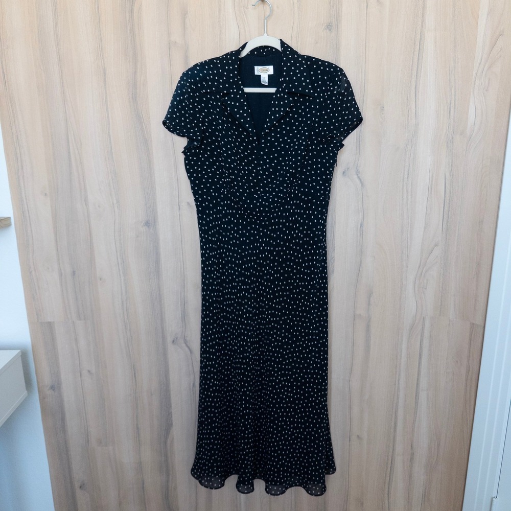 Vintage Talbots Polka Dot Midi Dress 14 Black Short Sleeve V-Neck Retro Classic